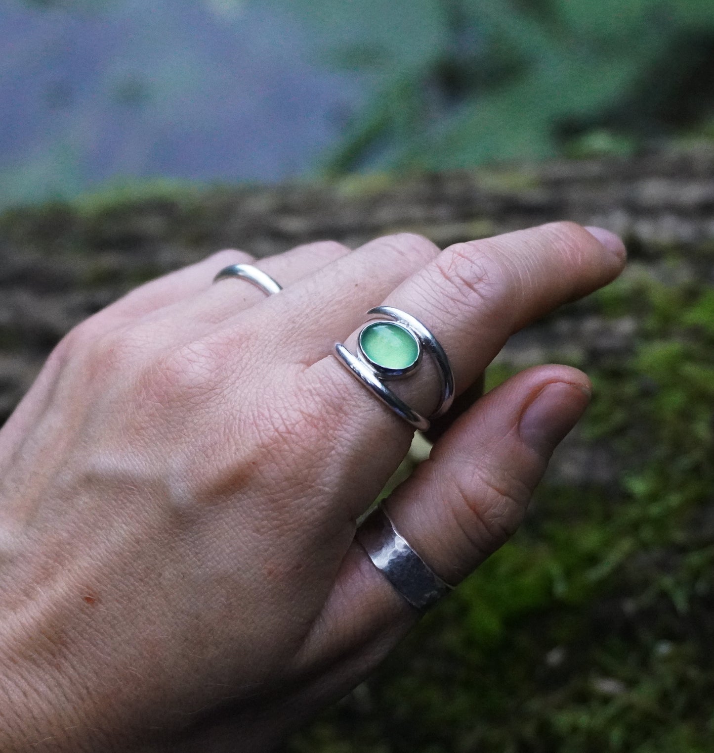 'Aurora' serpentine sterling silver ring | Size M | Ready to ship