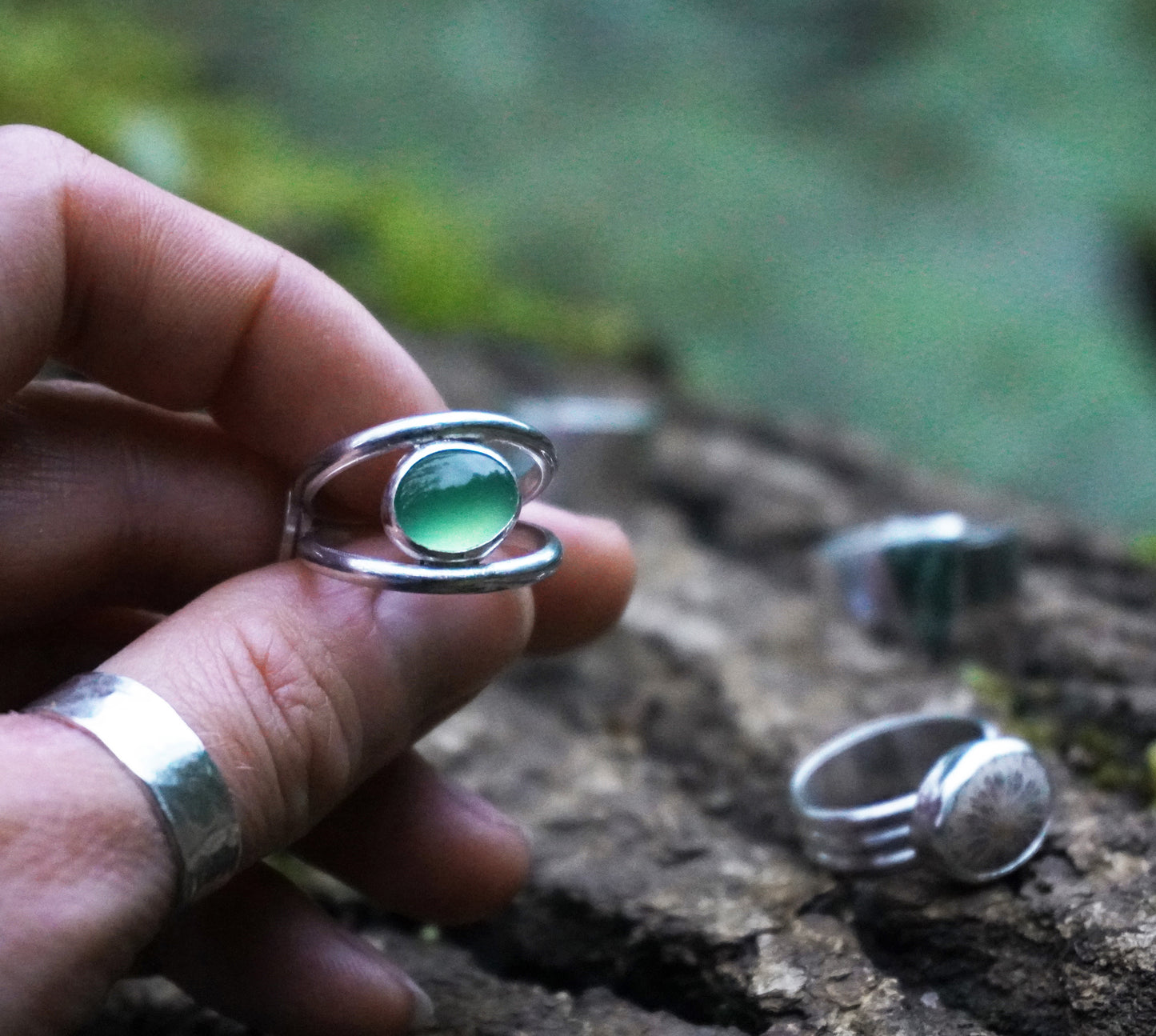 'Aurora' serpentine sterling silver ring | Size M | Ready to ship