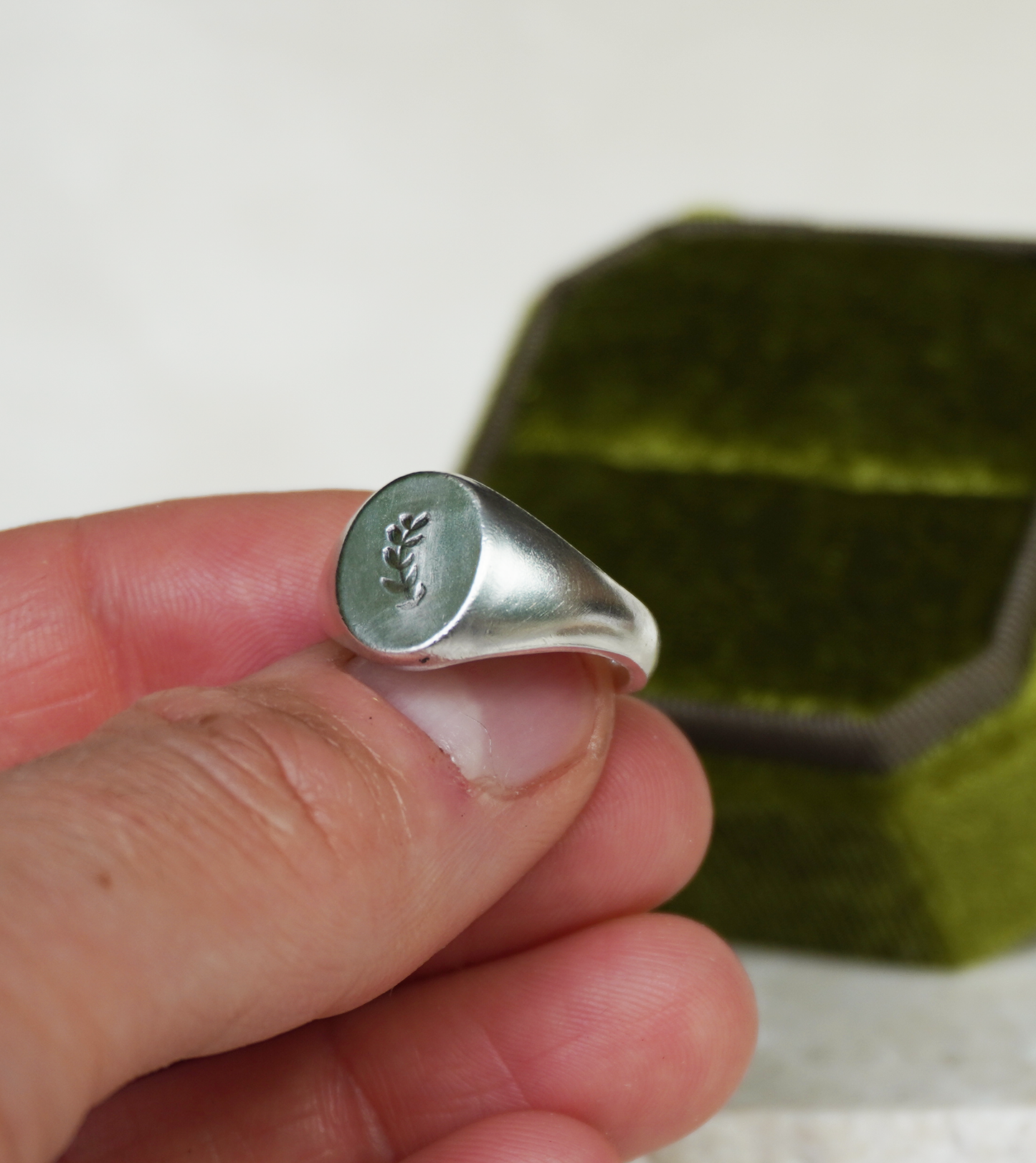 Solid sterling silver leaf print signet ring | Size J | Ready to ship